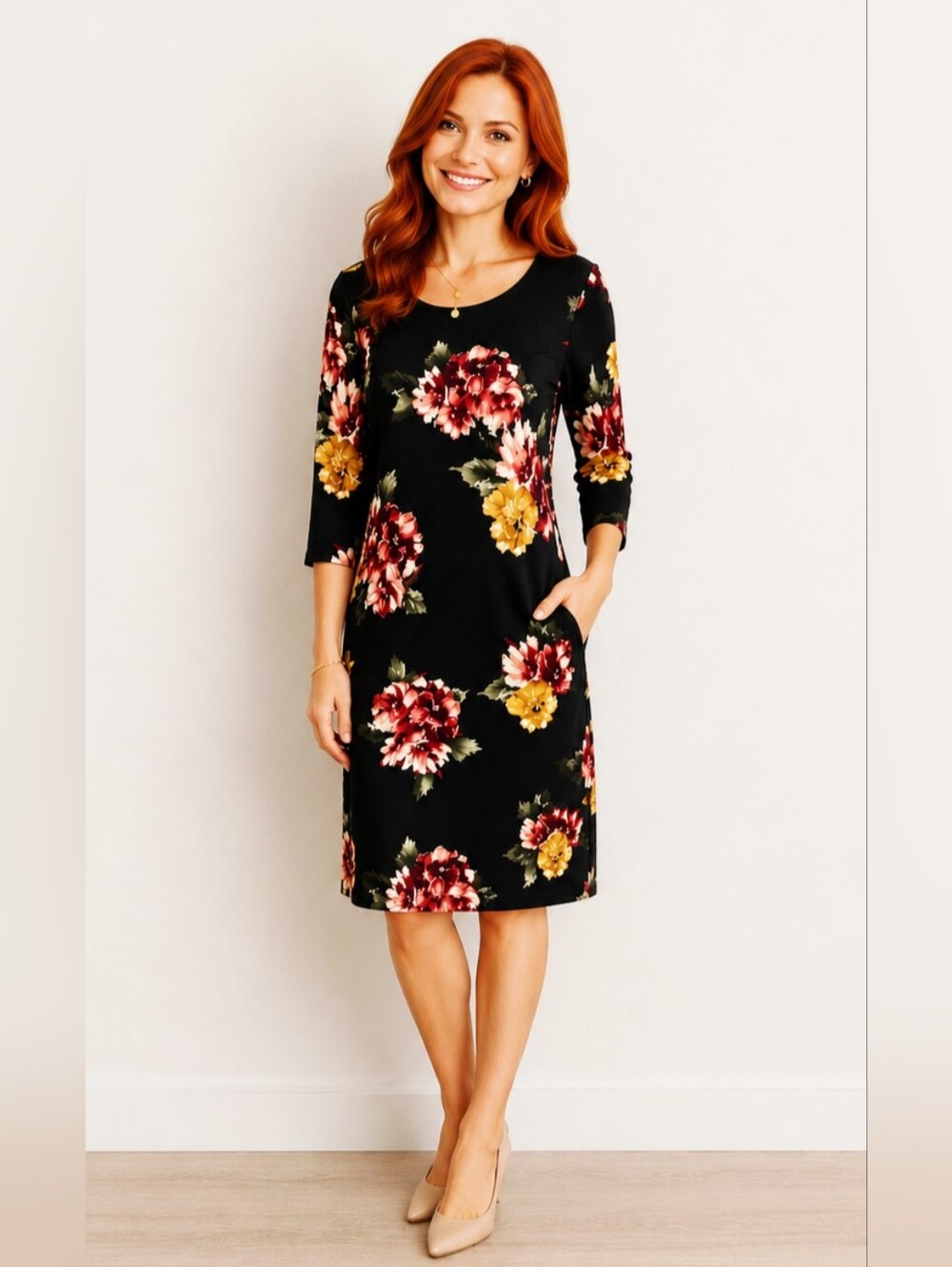 Honeyme Black Floral Dress with Red and Yellow Blooms, Size Small